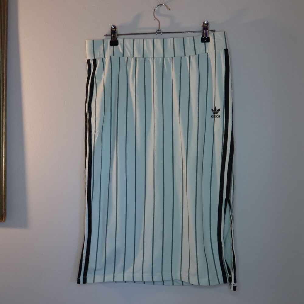 adidas Originals Womens M Striped Midi Skirt Mint Green Trefoil Side Slit